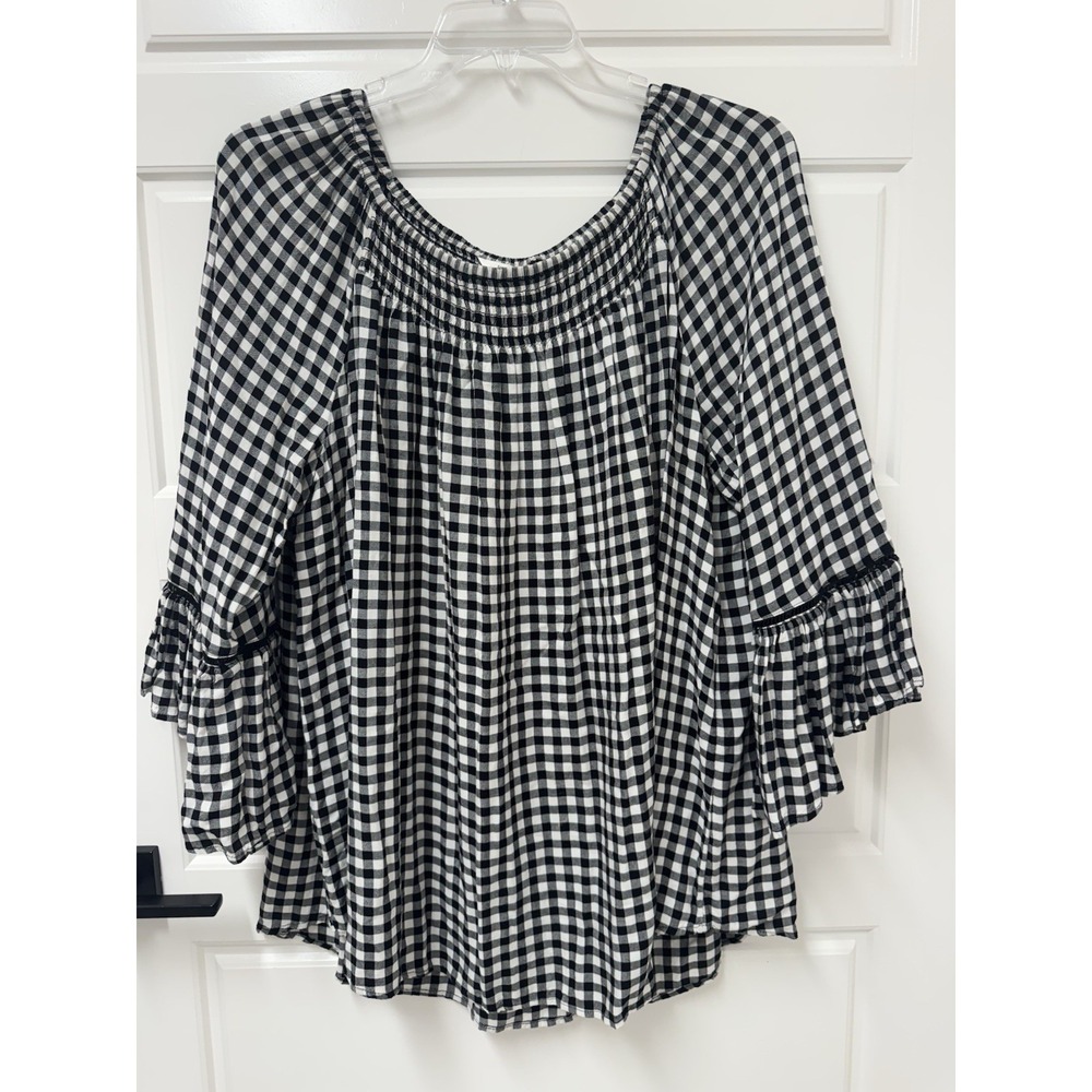 Terra & Sky Womens 2X Black White Checked Bell Sleeve Blouse Top